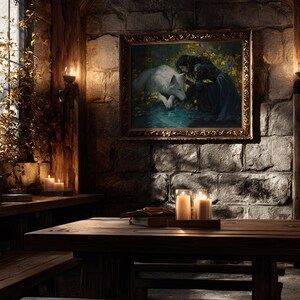 May include: A rustic interior scene featuring a wooden table and benches, illuminated by candlelight. A framed painting depicting a woman and a white wolf hangs on a stone wall. The room has a warm, inviting atmosphere.