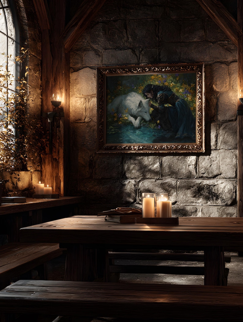May include: A rustic interior scene featuring a wooden table and benches, illuminated by candlelight. A framed painting depicting a woman and a white wolf hangs on a stone wall. The room has a warm, inviting atmosphere.