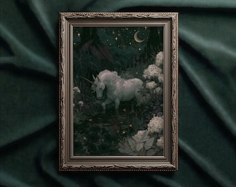 Vintage Unicorn art print: Moody Gothic Garden decor
