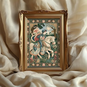 May include: A framed tapestry depicts a knight on horseback in a floral landscape. The gold frame surrounds the artwork, which features a knight in blue armor, a white horse, and a background of trees and flowers. The tapestry has a vintage aesthetic.