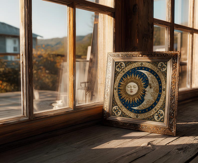 May include: A square framed artwork featuring a central circular design of a golden sun face and a cream-colored crescent moon face set against a deep blue background filled with gold stars, all enclosed in an ornate metallic gold frame.