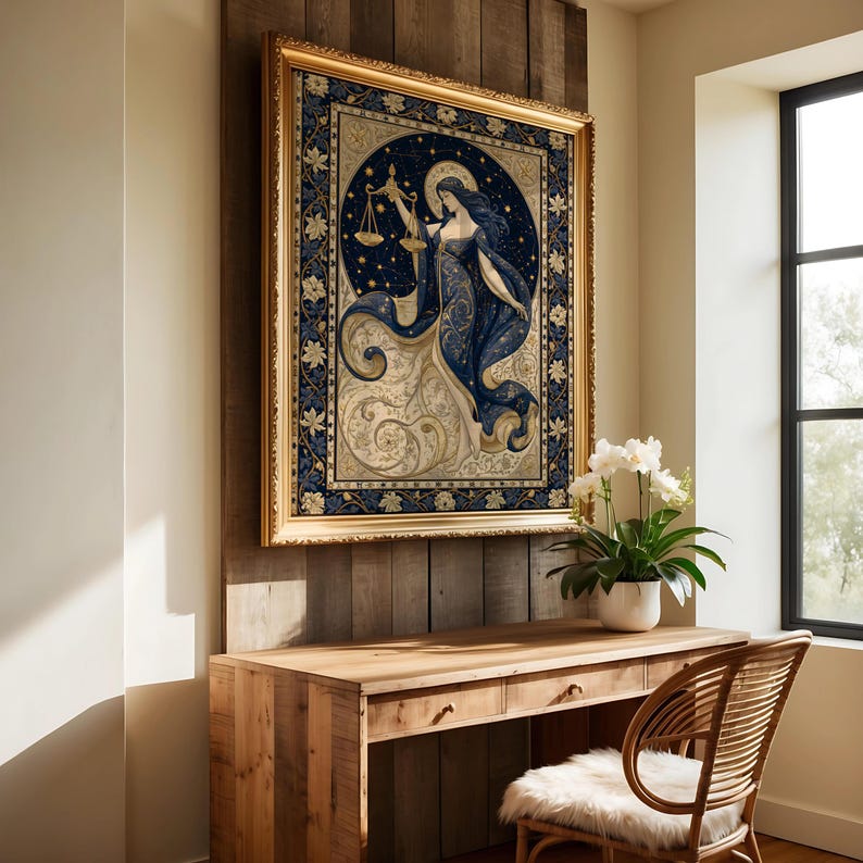 May include: A framed art print featuring a celestial illustration of a woman holding scales, set against a dark blue starry background. The artwork has gold and blue accents, and is displayed above a wooden desk with a wicker chair.