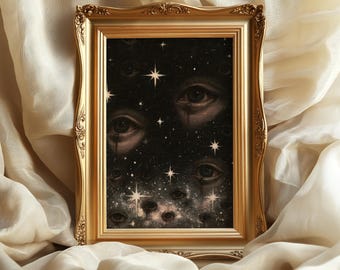 May include: A rectangular wall art print in an ornate gold frame. The artwork features a dark, starry night sky filled with multiple human eyes and bright, four-pointed stars. The eyes appear to be weeping dark liquid into the cosmos.