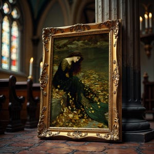 May include: A framed painting with a gold ornate frame. The artwork depicts a woman in a dark green dress, seated near water, surrounded by autumn leaves. The painting is displayed in a church setting with stained glass windows.