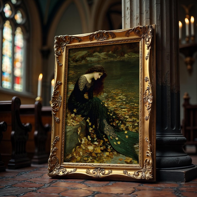 May include: A framed painting with a gold ornate frame. The artwork depicts a woman in a dark green dress, seated near water, surrounded by autumn leaves. The painting is displayed in a church setting with stained glass windows.