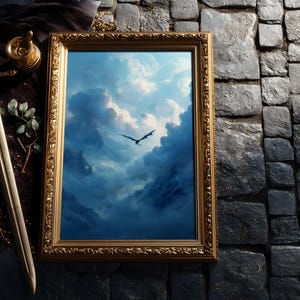May include: A framed artwork with a gold ornate frame depicts a dragon soaring through a cloudy, blue sky. A decorative sword and other fantasy-themed items are arranged nearby, suggesting a medieval or fantasy theme.