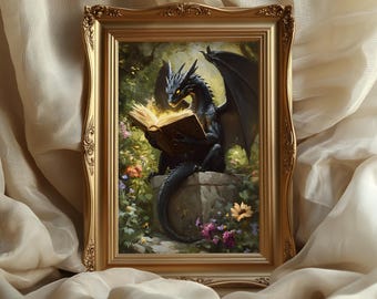 Dragon Reading Poster: Gothic Fantasy Wall Art, Dark Academia Illustration, Dragoncore Decor