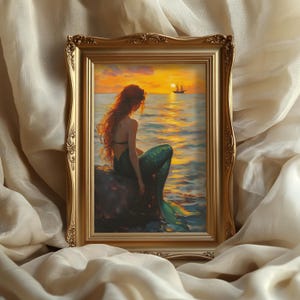 Syrena na ścianę, plakat z bajką, magiczny wydruk zachodu słońca na oceanie, dekoracja z syrenami, plakat z dziewczyną z morza, romantyczny obraz fantasy marynistyczny