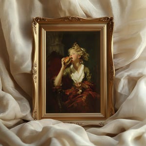 Poster di donna che mangia hamburger, stampa artistica rococò divertente, decorazione da parete vintage, parodia di un dipinto classico, meme di una nobildonna, decorazione da parete per la cucina