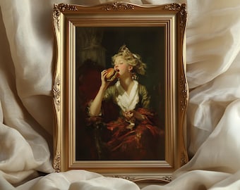 Woman Eating Burger Poster: Funny Rococo Art Print, Vintage kitchen Wall Decor