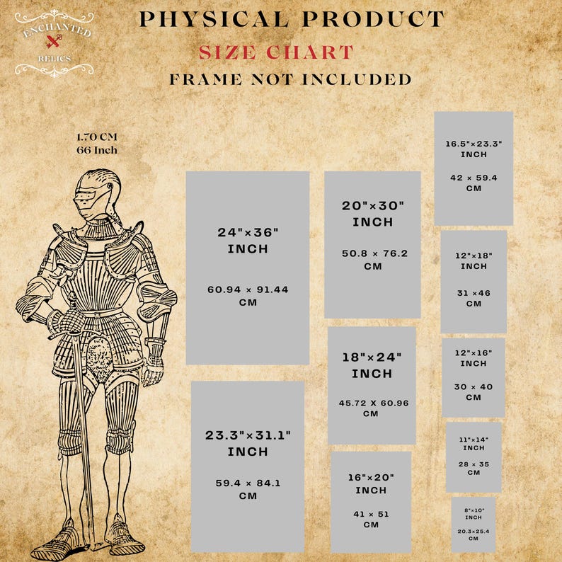 May include: A size chart for physical products, featuring dimensions in inches and centimeters. The chart includes sizes such as 24"x36" (60.94 x 91.44 cm) and 20"x30" (50.8 x 76.2 cm). An illustration of a knight in armor is on the left.