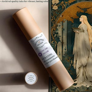 Op de afbeelding: Een opgerolde print met een label met de tekst "Enchanted Relics" en "Etsy Top Seller". De print toont een vrouw in een vloeiende jurk onder een gouden boom. De print zit in een stevige koker met een bijpassende eindkap.