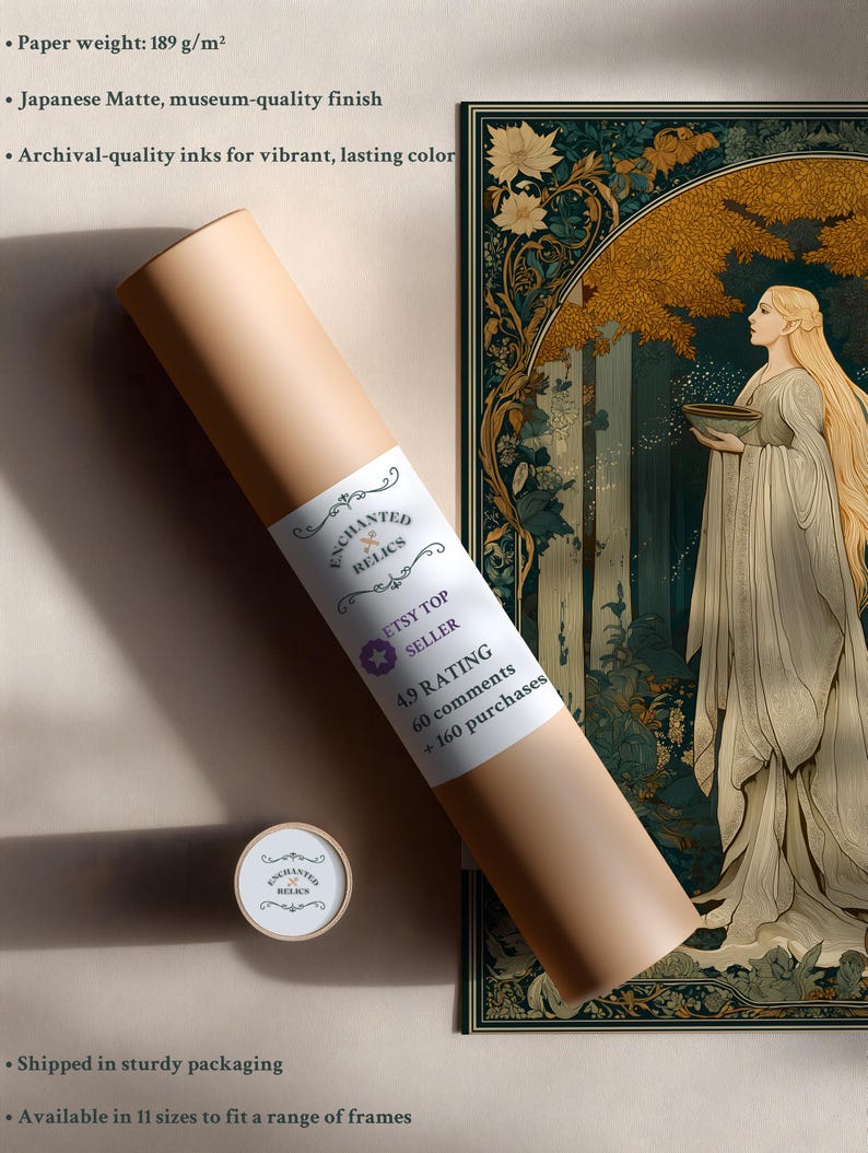 Op de afbeelding: Een opgerolde print met een label met de tekst "Enchanted Relics" en "Etsy Top Seller". De print toont een vrouw in een vloeiende jurk onder een gouden boom. De print zit in een stevige koker met een bijpassende eindkap.