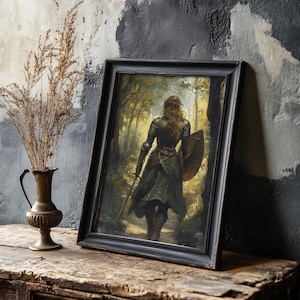 Woman Knight Art Print, Primitive art, Renaissance Knight Gift, Dark Academia Wall Decor, Medieval Fantasy Poster, Lady Knight in the Forest