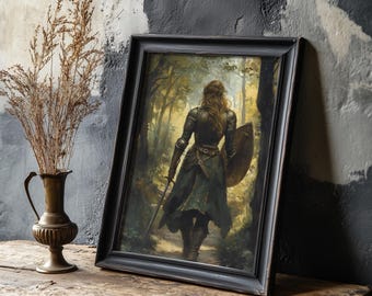 Woman Knight in forest Art Print: Primitive art, Medieval Fantasy Poster
