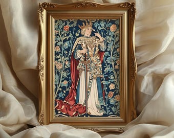 May include: A framed print depicting a crowned figure in elaborate clothing, holding a sword. The artwork is set against a blue floral backdrop and framed in gold. The figure is wearing a red cape.
