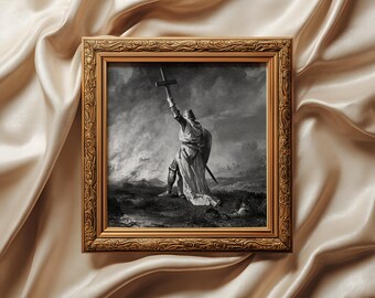 Crusader Knight Holding Holy Cross art print: Medieval Engraving Catholic decor