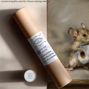 May include: A light tan cylindrical shipping tube with a white label featuring the text Enchanted Relics, Etsy Top Seller, 4.9 Rating, 200+ Reviews, and 850+ Purchases. The tube is positioned next to a painting of a mouse holding a roll of paper.