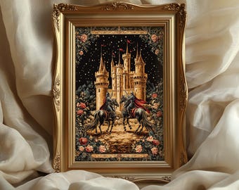 Medieval Castle Poster: Fantasy Knight on horse Wall Art, Renaissance Tapestry Style, Fairytale Decor
