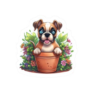 Adorable autocollant de chien dans pot de fleur, autocollant pot de fleur, idée de cadeau pour dog lover.