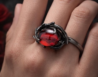 Gothic Spider Heart Crystal Ring, Red Glass Orb Statement Ring, Y2K Grunge Aesthetic Jewelry, Adjustable Dark Romance Ring