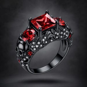 Conjunto de anillos góticos con calaveras – Anillos punk negros con rubí y cristal violeta – Joyería oscura y romántica para mujer | Estética alternativa mística