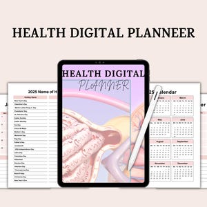 Puede incluir: Un planificador digital para 2025 con un diseño rosa y morado. El planificador incluye un calendario, una lista de festivos y una sección para notas. El texto "HEALTH DIGITAL PLANNER" está en la parte superior de la página.