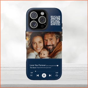 May include: A blue phone case with a photo of a family of three. The case has a music player interface with the text "Love You Forever (your song goes here)" and "The Band (singer/artist name goes here)".