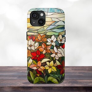 Stained Glass Flower Phone Case, Vintage Floral Aesthetic Tough iPhone Cover, iPhone 12 13 14 15 18 Pro Max, Gift for Her, Protective Case