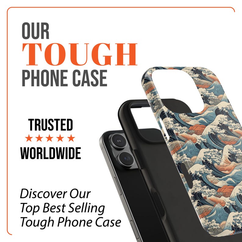 Peut inclure: Une coque de t&eacute;l&eacute;phone noire avec un motif de vagues bleues et orange. La coque est con&ccedil;ue pour prot&eacute;ger votre t&eacute;l&eacute;phone des chutes et des rayures. Le texte "OUR TOUGH PHONE CASE" est affich&eacute; en lettres orange sur un fond blanc. Le texte "TRUSTED WORLDWIDE" est affich&eacute; en lettres noires sur un fond blanc.