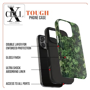 Peut inclure: Une coque de t&eacute;l&eacute;phone en deux parties avec une couche int&eacute;rieure noire et une couche ext&eacute;rieure verte avec un motif feuillu. La coque est con&ccedil;ue pour prot&eacute;ger le t&eacute;l&eacute;phone des chutes et des rayures. Le texte "WORLD CELL CALIFORNIA" et "TOUGH PHONE CASE" est visible sur l'image.
