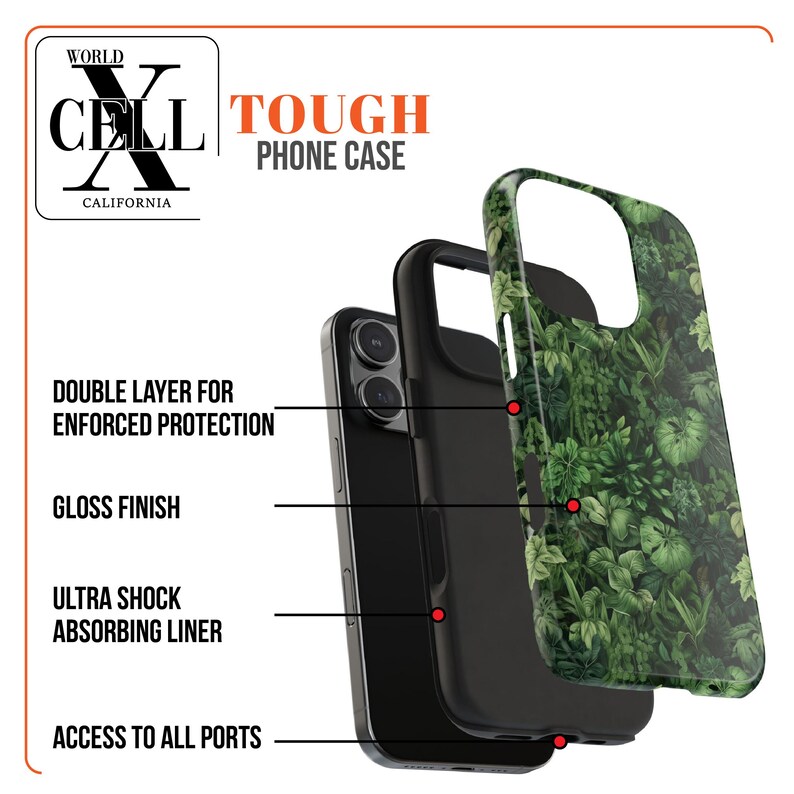 Peut inclure: Une coque de t&eacute;l&eacute;phone en deux parties avec une couche int&eacute;rieure noire et une couche ext&eacute;rieure verte avec un motif feuillu. La coque est con&ccedil;ue pour prot&eacute;ger le t&eacute;l&eacute;phone des chutes et des rayures. Le texte "WORLD CELL CALIFORNIA" et "TOUGH PHONE CASE" est visible sur l'image.