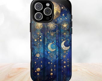 Celestial Stained Glass Phone Case, Stained Glass Moon Sun Phone Case, Phone Cover For iPhone 16 15 14 13 12 11 Samsung S25 S24 S23 Case