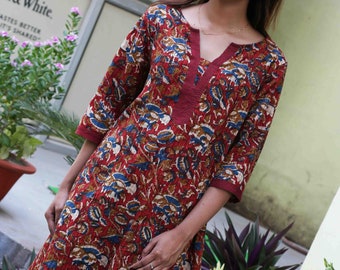 Ayurvastram Ara Pure Cotton Tunic Hand Embroidered Block Print Style with High Low Hem