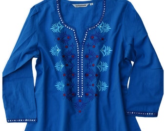 May include: A blue cotton tunic top with embroidered floral designs and rhinestones. The top has a V-neck and 3/4 sleeves.