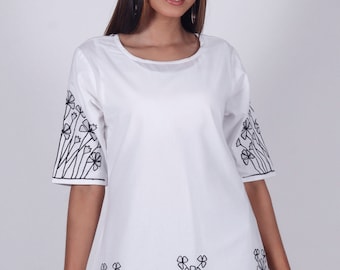 Ayurvastram - GANGA Pure Cotton Applique work Embroidered Tunic Dress Kurta: Made to Order/Customizable