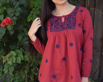 Ayurvastram - LISA Pure Cotton Hand Embroidered Boho Top, Blouse