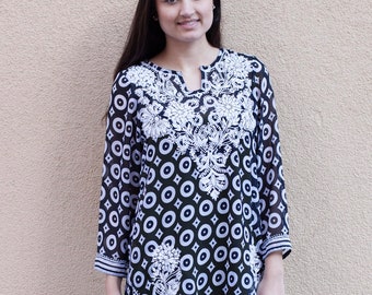 Ayurvastram Hand Block Printed Cotton Tunic Top - Kurti Blouse With Pockets, Black Grey Motif - View #7