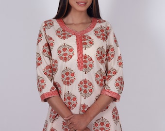 Ayurvastram Saheli Block Print Style Hand Embroidered Pure Cotton Kurta Tunic; Made to Order/Customizable