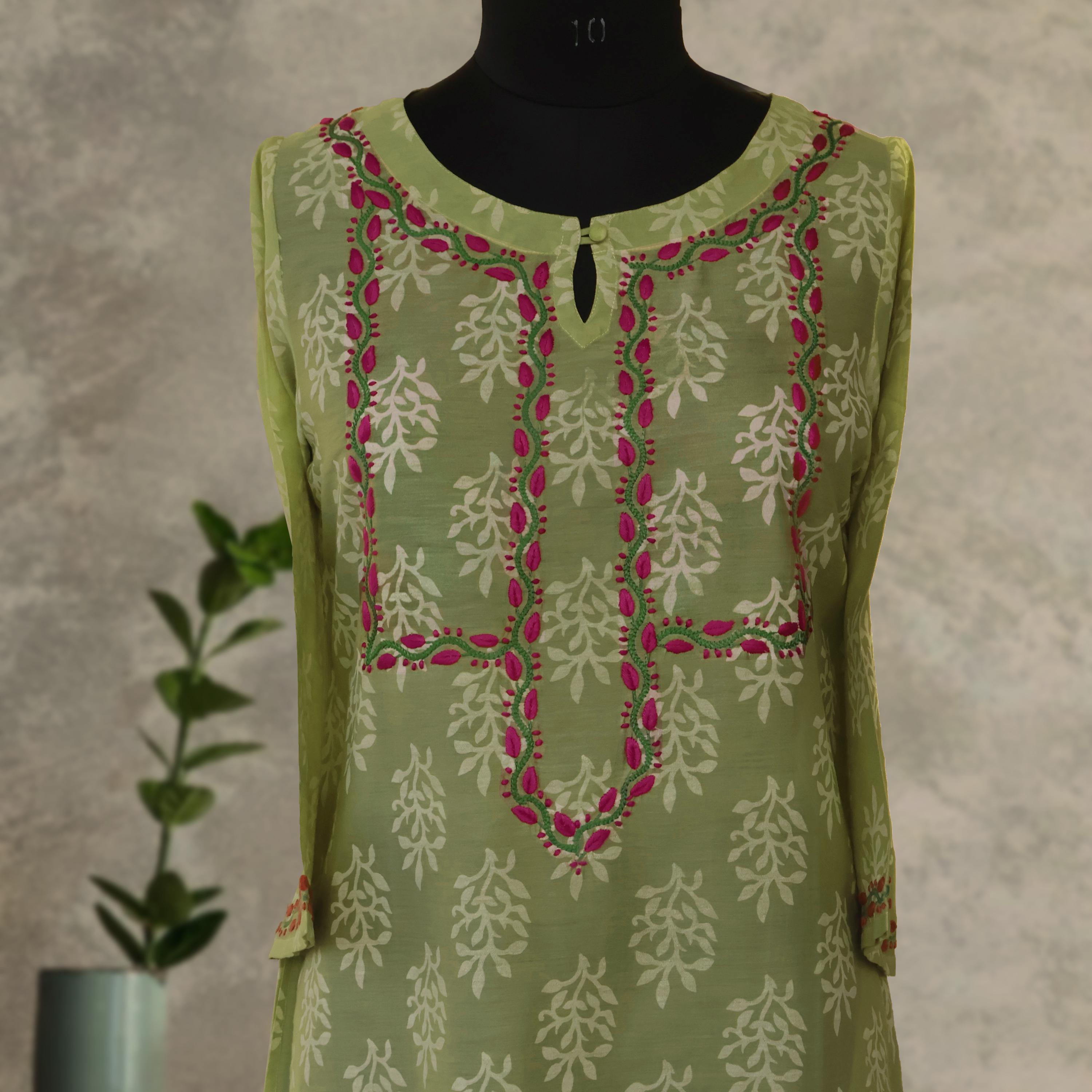 DITI Chanderi Silk Printed Hand Embroidered Tunic Dress