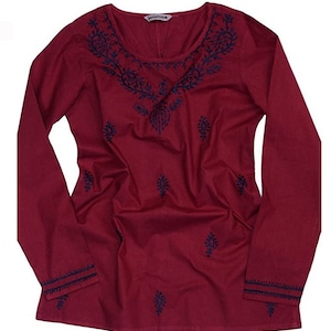 Ayurvastram Embroidered Cotton Tunic Top – Turquoise Embroidery On Burgundy, X-Large, Handcrafted Kurti With Mirror Work