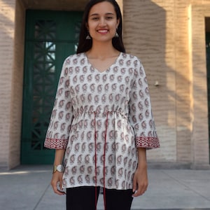 Ayurvastram AKSHA Printed Pure Cotton Bell Sleeve Kimono Tunic Top, Regular and Plus Sizes: Made to Order/Customizable