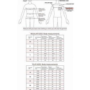 Può includere: Un grafico con un diagramma che mostra come misurare diverse parti del corpo per le taglie dei vestiti. Il grafico include misure per taglie regolari e taglie plus in pollici. Il grafico include misure per il busto, la vita e i fianchi.