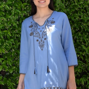 Ayurvastram AYO Pure Cotton, Embroidered Tunic, Top, Kurti, with Tassles