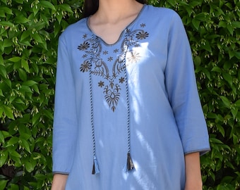 Ayurvastram AYO Pure Cotton, Embroidered Tunic, Top, Kurti, with Tassles