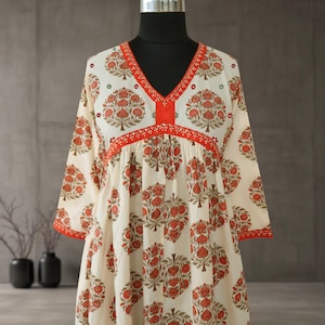 SRISHTI Pure Cotton Block Print, Red Long Dress Kurta