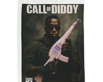 May include: A poster with the text "CALL OF DIDDY" at the top. The image features a man in sunglasses holding a pink baby lotion bottle modified to look like a rifle. The words "baby lotion" are visible on the bottle.