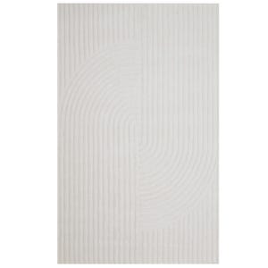 May include: White area rug with a geometric design of curved lines.