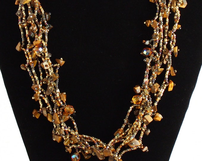 Hand beaded earth tones multistrand necklace, magnetic clasp, 24 inches brown bronze #103