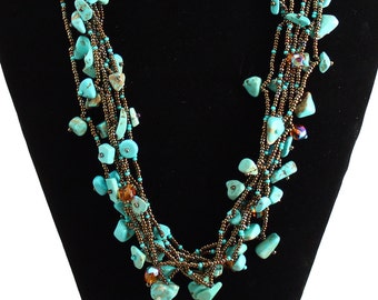 Hand beaded genuine turquoise bronze multistrand necklace, magnetic clasp, 24 inches #131